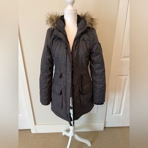 Women's Gray Parka Coat with Faux Fur Trim